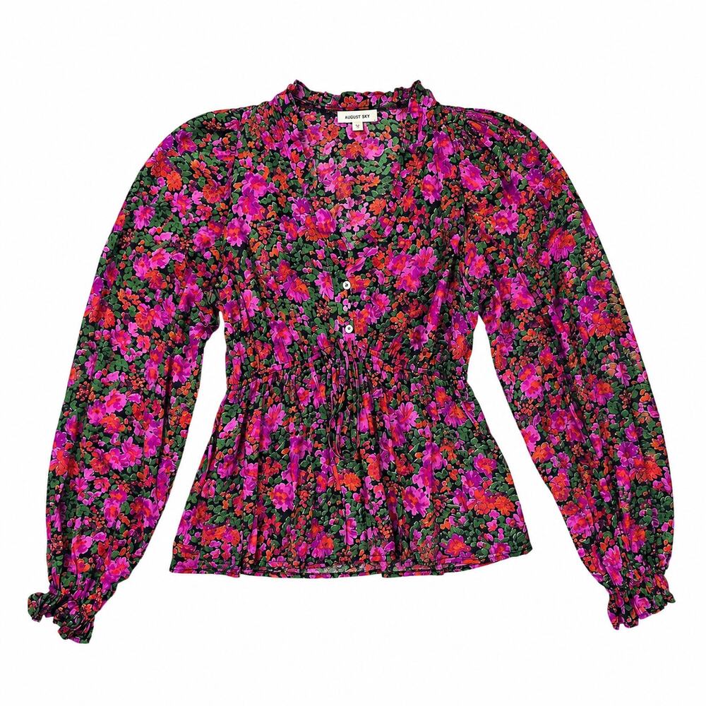 August Sky Floral Peplum Blouse M Pink, Magenta, Orange, Green Balloon Sleeve